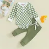 Conjuntos de roupas 2023-09-22 0-24m bebê recém-nascido meninos meninas outono roupas manga longa xadrez impressão macacão calças conjunto infantil roupas