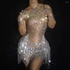 Stage slijtage sprankelende kwastje gestreepte strass halter bodysuit sexy handschoenen decoratie nachtclub dance show dames feestkleding