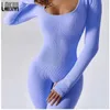 Laisiyi Fitness Jumpsuits autumn for Women sexy Bodycon Playsuit Square Neck Long Sleeve Rompers女性スリムスポーツウェア231225