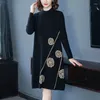 Casual Dresses Autumn Winter Half High Collar Patchwork Knitting Robe Femme Loose Fashion Vestidos Women Thick Warm Straight Midi Dress