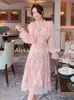 2023 Autumn Chiffon Sequined Midi Dres Pink Ruffles Chic Elegant Long Sleeve Female Casual Sweet Korean Style 231225