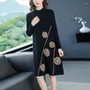 Casual Dresses Autumn Winter Half High Collar Patchwork Knitting Robe Femme Loose Fashion Vestidos Women Thick Warm Straight Midi Dress