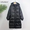 Jackets Schinteon Women White Duck Down Long Jacket with Detachtable Hood Winter Warm Loose Over Size Outwear Windproof Coat New 2021