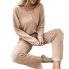 Frauen Nachtwäsche Frauen Pyjama Set Soft atmable Loungewear Waffel Textur mit O-Neck Long Sleeve Tops weites Bein für Komfort