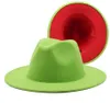 Unisex Flat Brim Wool Feel Fedora Hats z paskiem czerwony czarny patchwork jazzowy formalny kapelusz panama czapka trilby chapau dla mężczyzn Women1109921