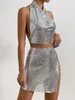 Casual Dresses Sexig klubbkjol Set Metallic Top Y2K Streetwear Backless Sliver Sequins Mesh Chainmail Halter and Party