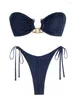 Damen-Bademode ZAFUL Bandeau-Tanga-Bikini-Set mit seitlicher Bindung, zweiteiliger einfarbiger Badeanzug mit trägerlosem, gepolstertem Oberteil, Schnürung am Rücken
