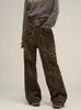 Houzhou Tan Leopardジーンズ女性デニムパンツ女性特大のワイドレッグズボンストリートウェアヒップホップヴィンテージ服ゆるいカジュアル231225