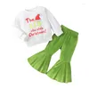 Conjuntos de roupas da criança menina outono roupas chapéu de papai noel carta impressão tripulação pescoço camisolas calças flare verde 2 pçs conjunto de roupas de natal