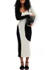 Casual Dresses Women Knit Sweater Maxi Dress Long Sleeve Scoop Neck Contrast Color Bodycon Ribbed Fall Party