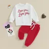 Kläduppsättningar småbarnspojke valentins dag klädbrev broderi långärmad tröja med solida färgbyxor 2 st.