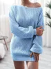 Casual Kleider WYWMY Herbst Winter Damen Pullover Kleid Europäischen Amerikanischen Stil Elegante Langarm Slash Neck Lose Gestrickte Mini