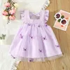 Girl Dresses Sweet Beauty Children's Dress 2024 Summer Solid Color 3d Butterfly Embroidery Mesh Flying Sleeves Trim 0-3 Year