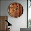 Relojes de pared Tablones marrones Reloj de grano de madera retro para decoración del hogar Sala de estar Aguja de cuarzo Reloj colgante Cocina moderna Drop Deli Dhlpc