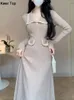 女性ファッションソフトリブ付きミディドレス秋の冬の長袖襟ボタンセーター服女性ジャンパー231225