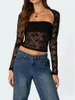 Women's T Shirts Women Summer Y2k Square Neck T-Shirts Long Sleeve Lace Sheer See Through Crop Tops Tanks Slim Fits Aesthetic Clothes