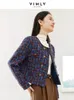 VIMLY Chaqueta recortada de Tweed para mujer Otoño Invierno elegante contraste a cuadros abrigo de lana corto prendas de vestir exteriores con doble botonadura 16106 231225