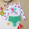 set 2Pcs Swimsuits Summer Cute Kids Girls Watermelon Letter Print Swimwear Long Sleeve Swim Top Bikini Bottoms Tankinis Set Swimsuit