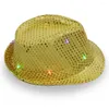 Ball Caps Creative LED Luminous Jazz Hat for Men Kobiety Karnawał Party Light Up Sequin Adult Festival Sukienka Cap Hip Hop Costume Prop