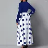 Lässige Kleider hoher Taille Maxi Kleid Rüschendekoration gegen Halspunkt Druck mit Patchwork-Schnüre-Frauen-Frauen