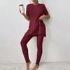 Damen zweisteuelhafte Hosen Frauen Frauen 2 Lounge Sets Feste Farbe Rippen Strick passende Outfits Seitenschlitz Nachtwege Sweatsuits Crew Hals täglich