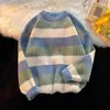 Herrtröjor randig tröja harajuku rund nacke pullover stickad löst långärmad avslappnad överdimensionerad vintage vinterkläder