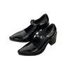 Dress Shoes French style Mary Jane high heels with pointed toe and a straight line. Women's autumn winter black thick paired skirts small leather shoes