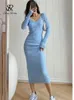 Singrain Women Mulheres Vestido de malha de outono v pescoço sexy elástico esbelto de grande tamanho Bodycon vestido comprido malha de inverno vestidos de suéter quente 231225