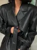 Lautaro Lente Herfst Lange Zwarte Zachte Pu Lederen Trenchcoat voor Vrouwen Riem Double Breasted Cool Knappe Europese Mode 231225