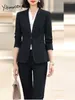 여자 2 피스 팬츠 Yitimuceng Office Lady 형식 여성 정장 세트 2023 COLLAR 싱글 버튼 블레이저 solid pant