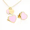 Vintage email Pink Green Double Heart Charms ketting en oorbel sieraden set hangende vrouwen heren ketting roestvrije Jewellry sets281G