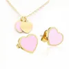 Vintage email Pink Green Double Heart Charms ketting en oorbel sieraden set hangende vrouwen heren ketting roestvrije Jewellry sets281G