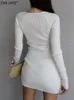 White Long Sleeve Knitted Mini Dress V-Neck Ribbed Bodycon Sweater Dress Elegant Short Autumn Winter Dresses Women 231225