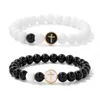 Strand 2PCS Men Black Onyx Procelain Beads Bracelets Cross Braslet Charm Natural Stone For Women Lovers Gift