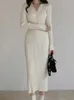 Autumn Winter Sweater Dress For Women Arrivals Buttons Up V Neck High Waist Long Knitted Dress Korean Maxi Dresses 231225