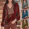 Blouses pour femmes Blouse Vintage V couche à manches longues à manchette élastique Streetwear Spring Automne Velvet T-shirt T-shirt T-shirt