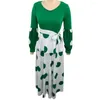 Casual jurken hoge taille maxi jurk ruches decoratie v nek dot print met patchwork veter-up dames