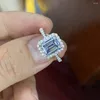 Cluster Rings Design 18K Solid White Gold 3 S Emerald Cut Blue Lab Moissanite Diamond Engagement Wedding Ring