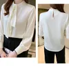 Kvinnor Blues Office Lady Long Sleeve Shirts med Bow Chic Elegant Satin Shirt for Women Tops Solid Color Female Clothing Blusa 19261