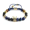 Blue CZ Crown Men -armband Hela 8mm Natural Tiger Eye Stone Beads Macrame Jewelry with rostfritt stål pärlor7386997