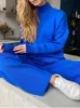 2 Pieces Blue Women Sets Knitted Tracksuit Turtleneck Sweater and Straight Jogging Pants Suits 231225