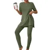 Women's Two Piece Pants Women Female 2 Pajamas Sets Casual Style Sleepwear Sweatsuits Side Slit Short Shirt Long Crew Neck Outfit