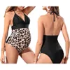 Sätt moderskap Women's Leopard Baddräkter 2022 Premama One Piece Halter Blackless badkläder Graviditet Patchwork Beachwear Sexig tankinis