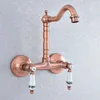 Bathroom Sink Faucets Antique Red Copper Wall Mount 2-Handle Kitchen Faucet Swivel Mixer Tap Tsf895