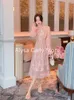 2023 Autumn Chiffon Sequined Midi Dres Pink Ruffles Chic Elegant Long Sleeve Female Casual Sweet Korean Style 231225