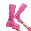 Kledingschoenen geweven elastische laarzen 2023 herfst winter dames dikke zolen roze medium lang multi-color gebreide gebreide zakken