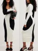 Casual Dresses Women Knit Sweater Maxi Dress Long Sleeve Scoop Neck Contrast Color Bodycon Ribbed Fall Party