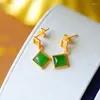 Dangle Earrings Small Ear Studs Women's And Simple Sterling Silver Exquisite Green Vintage Square Natural Jasper Gem