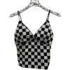 Женские танки 2023 Летняя коллекция рукавиц v Neck Black White Plaid Seerender