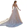 Длинные рукава Haute Couture Свадебные платья Элегантный скользящий шлейф с вырезом D Цветочные кружева Плюс размер Арабские свадебные платья Сексуальная великолепная невеста Vestidos De Novia